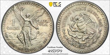 1989-Mo Onza Libertad Ag w/o Dot before 999 MS66