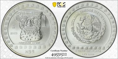 1993-Mo 5 Peso Brasero Efigie T-2 Mo Above Date MS66
