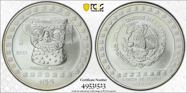 1993-Mo 5 Peso Brasero Efigie T-2 Mo Above Date MS65