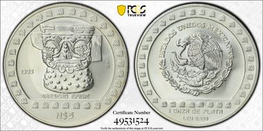 1993-Mo 5 Peso Brasero Efigie T-1 Mo R. Obv. Field N1
