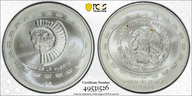 1997-Mo 5 Peso Disco de la Muerte KM-619  Ag MS67