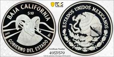 2005-Mo 10 Peso Baja California Ram PR70DCAM