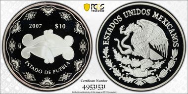 2007-Mo 10 Peso Puebla KM-836  Ag PR69DCAM