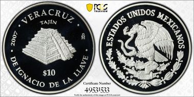 2007-Mo 10 Peso Veracruz KM-845  Ag PR69DCAM