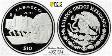 2007-Mo 10 Peso Tabasco KM-842  Ag PR70DCAM