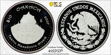 2007-Mo 10 Peso Oaxaca KM-835  Ag PR70DCAM