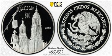 2007-Mo 10 Peso Zacatecas KM-847  Ag PR70DCAM