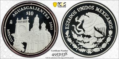 2005-Mo 10 Peso Aguascalientes KM-718  Ag PR69DCAM