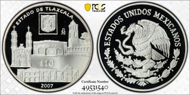 2007-Mo 10 Peso Tlaxcala KM-844  Ag PR70DCAM