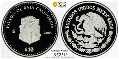 2005-Mo 10 Peso Baja California KM-722  Ag PR69DCAM
