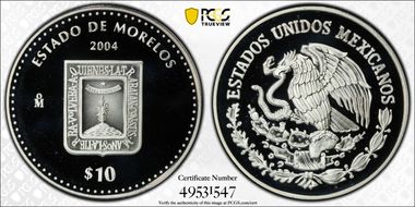 2004-Mo 10 Peso Morelos KM-745  Ag PR69DCAM