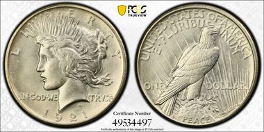 1921 $1 High Relief, Peace AU58