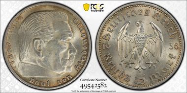 1936-A 5 Mk No Swastika J-360 MS62