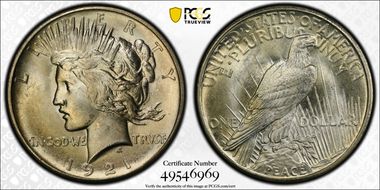 1921 $1 High Relief, Peace MS63+