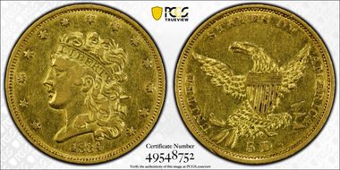 1834 $5 Classic Head, Plain 4 XF40