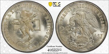 1968-Mo 25 Peso Olympic KM-479.1 Rings Align, Straight Tongue MS66