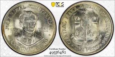 1961 Peso Dr. Jose Rizal KM-192  Ag MS64