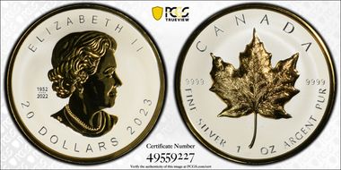 2023 $20 Maple Leaf - High Relief Reverse PR Gilt Ag PR70