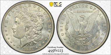 1881-O $1 VAM 27 Doubled Ear AU58
