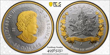2023 $50 35th Ann of the SML Matte PR 5oz Ag Selective Gilt PR70