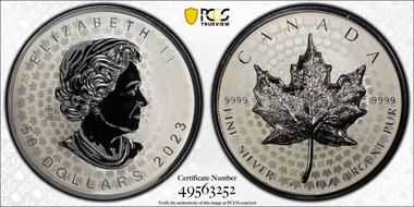 2023 $50 Maple Leaf 35th Ann. 5oz Ag Reverse PR High Relief PR70