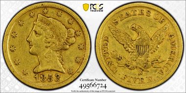 1853-D $5 Large D VF35