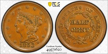 1853 1/2C AU58+ BN