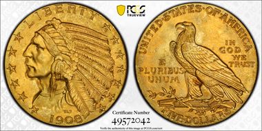 1908 $5 Indian MS65+