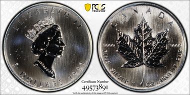 1991 $5 Maple Leaf/Ag MS66