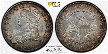 1828 50C Square 2, Small 8s, Sm. Letters AU55