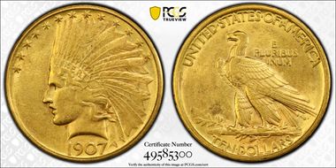 1907 $10 Indian AU58