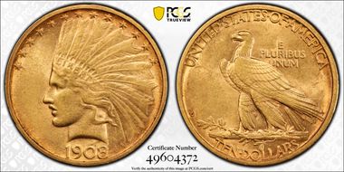 1908-D $10 No Motto AU58