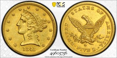 1841-D $5 Small D AU58