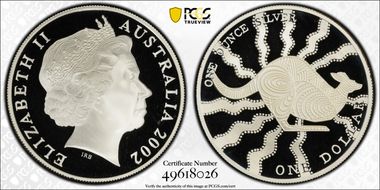 2002 $1 Kangaroo Ag-Aboriginal Design PR69DCAM