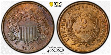 1864 2C Large Motto MS63RB