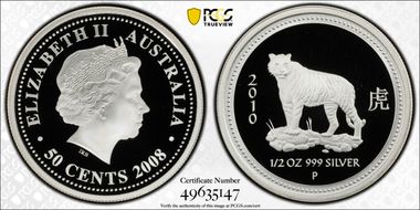 2008-P 50C Year of the Tiger 2010 1/2oz Ag PR70DCAM