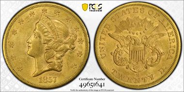 1857-S $20 AU55