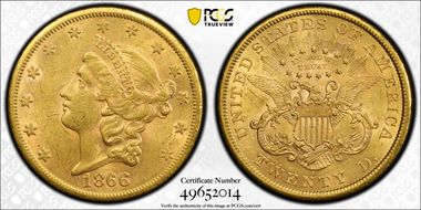 1866-S $20 Motto AU58