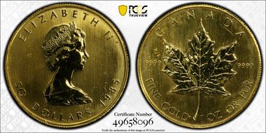 1985 $50 Maple Leaf/Au MS65
