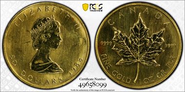 1988 $50 Maple Leaf/Au MS63
