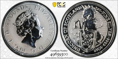 2018 £5 Unicorn of Scotland Queen's Beasts 2oz Ag MS68
