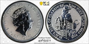 2018 £5 Black Bull of Clarence Queen's Beasts 2oz Ag MS67