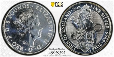 2016 £5 Lion of England Queen's Beasts 2oz Ag MS67