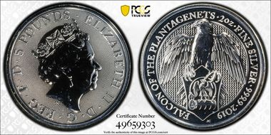 2019 £5 Falcon of the Plantagenets Queen's Beasts 2oz Ag MS68