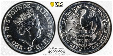 2017 £5 Red Dragon of Wales Queen's Beasts 2 oz Ag MS69