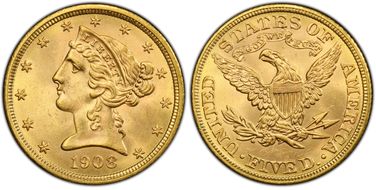 1908 $5 Liberty MS64