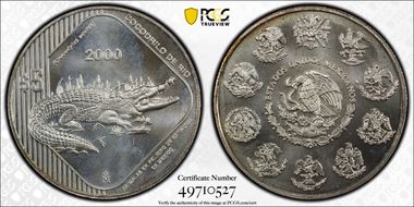 2000-Mo 5 Peso American Crocodile KM-655 MS66