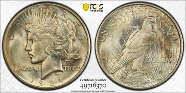 1921 $1 High Relief, Peace MS63