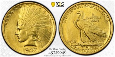 1907 $10 Indian AU58