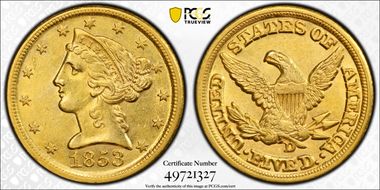 1853-D $5 Large D AU58